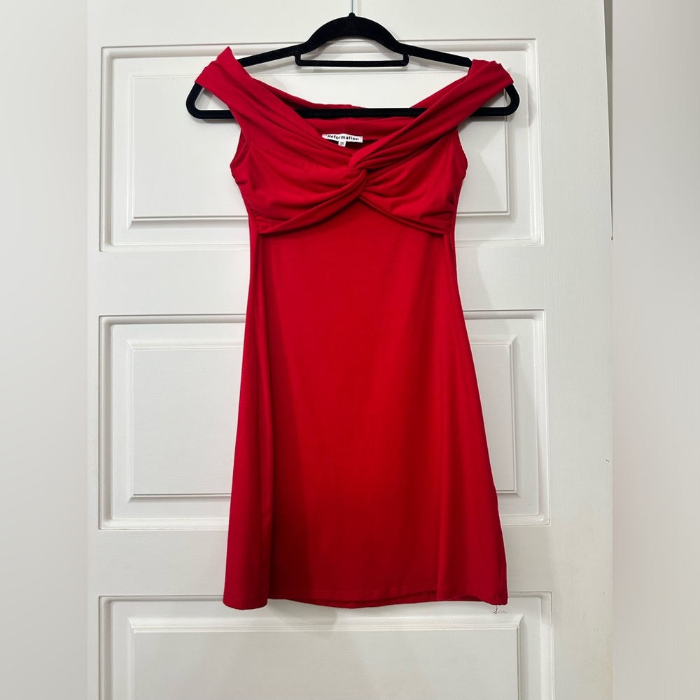 Reformation off the shoulder red dress.